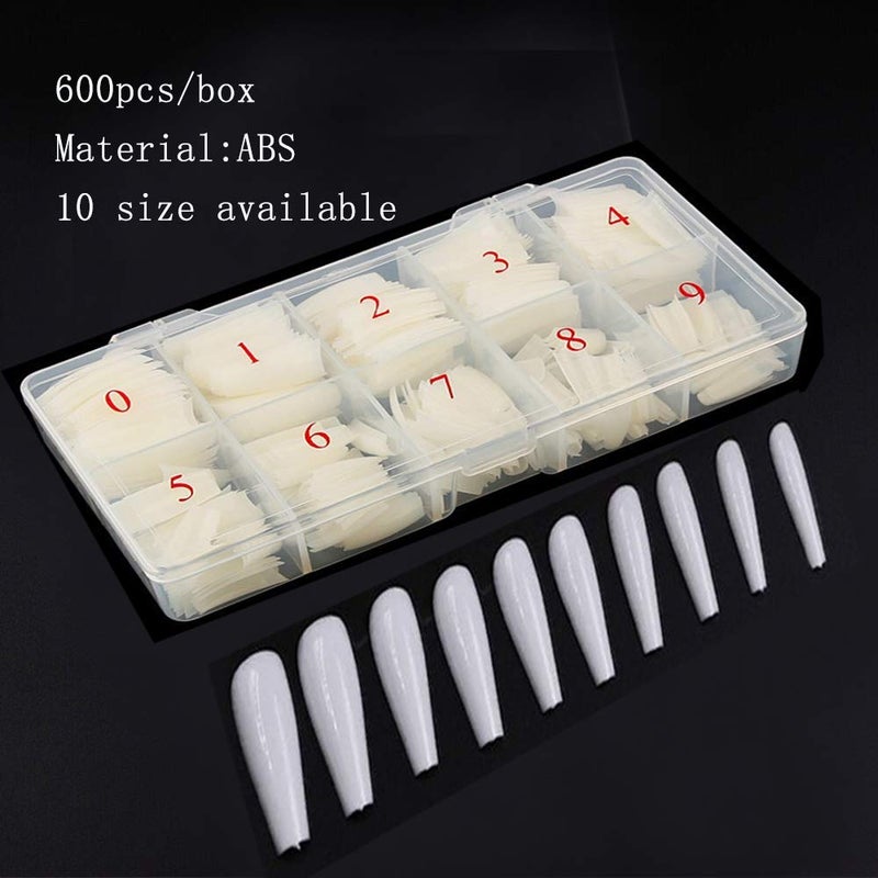 AM RONG MAGIC 600pcs Long Coffin Fake Nails - Full Cover Natural Ballerina False Nail Acrylic Nail Tips with Case, Artificial Nails10 Sizes for Nail Salons and DIY Manicure - Image 2